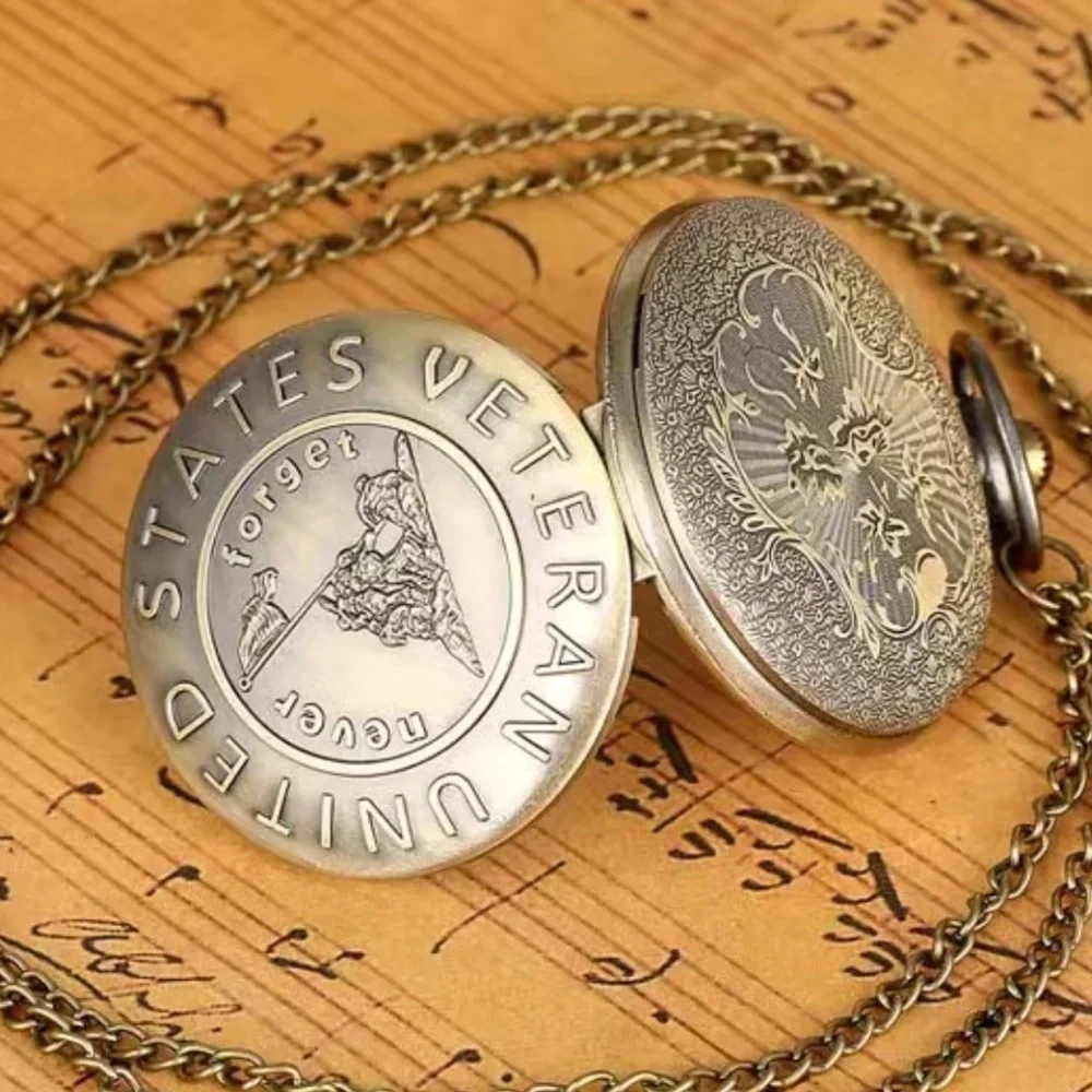 Pocket Watch with Chain Veteran Patriotic Flip Open USA Bronze Unisex Gift